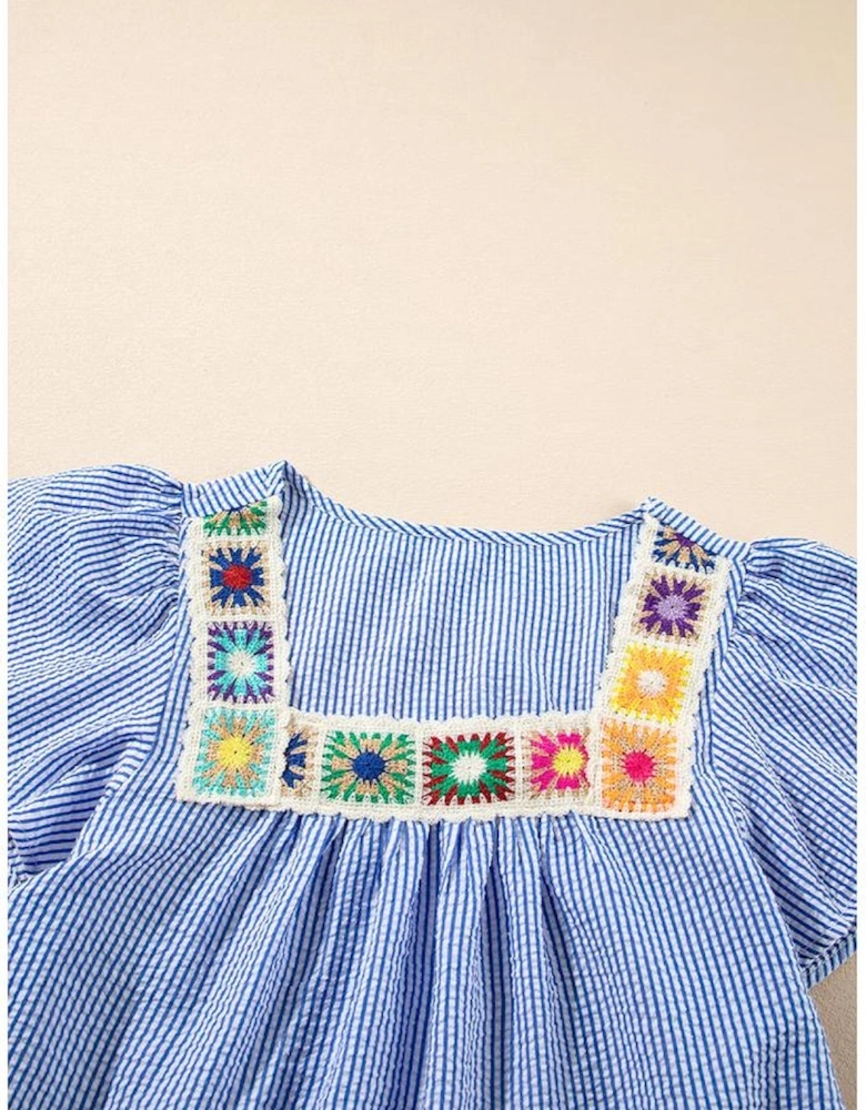 Sky Blue Stripe Textured Ruffle Short Sleeve Boho Detail Square Neck Blouse