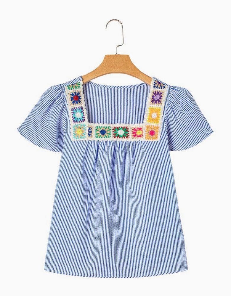 Sky Blue Stripe Textured Ruffle Short Sleeve Boho Detail Square Neck Blouse