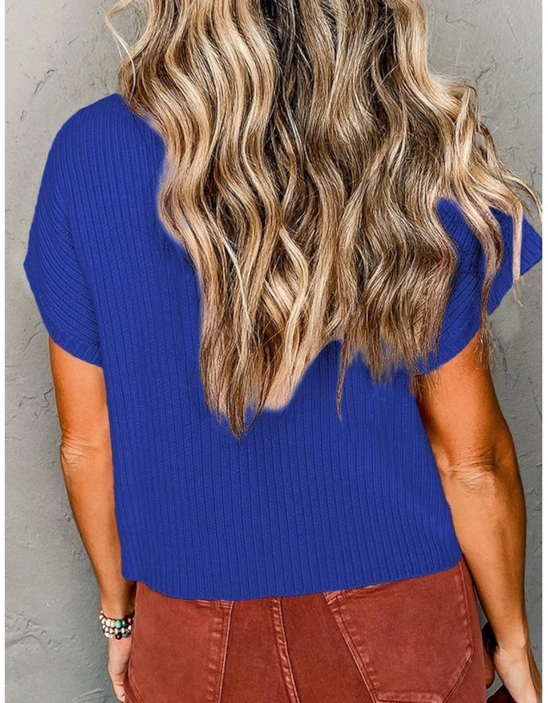 Dark Blue Patch Pocket Ribbed Knit Short Sleeve Sweater