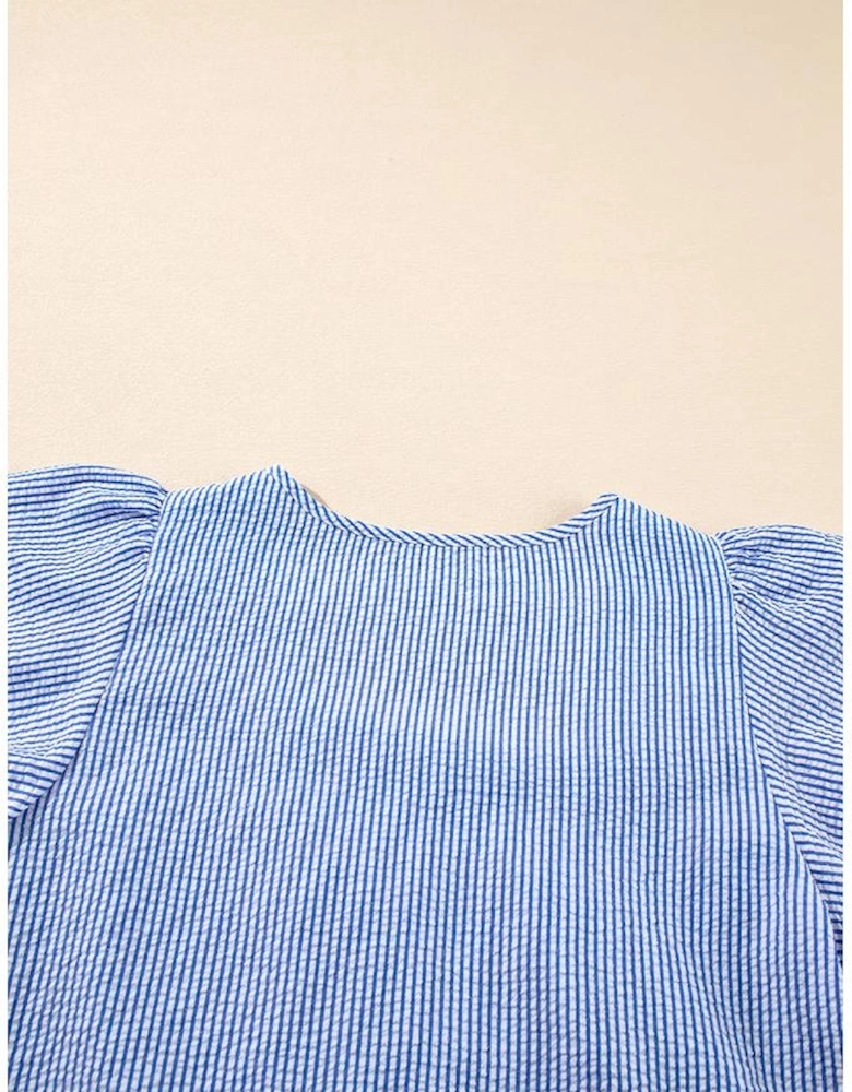 Sky Blue Stripe Textured Ruffle Short Sleeve Boho Detail Square Neck Blouse