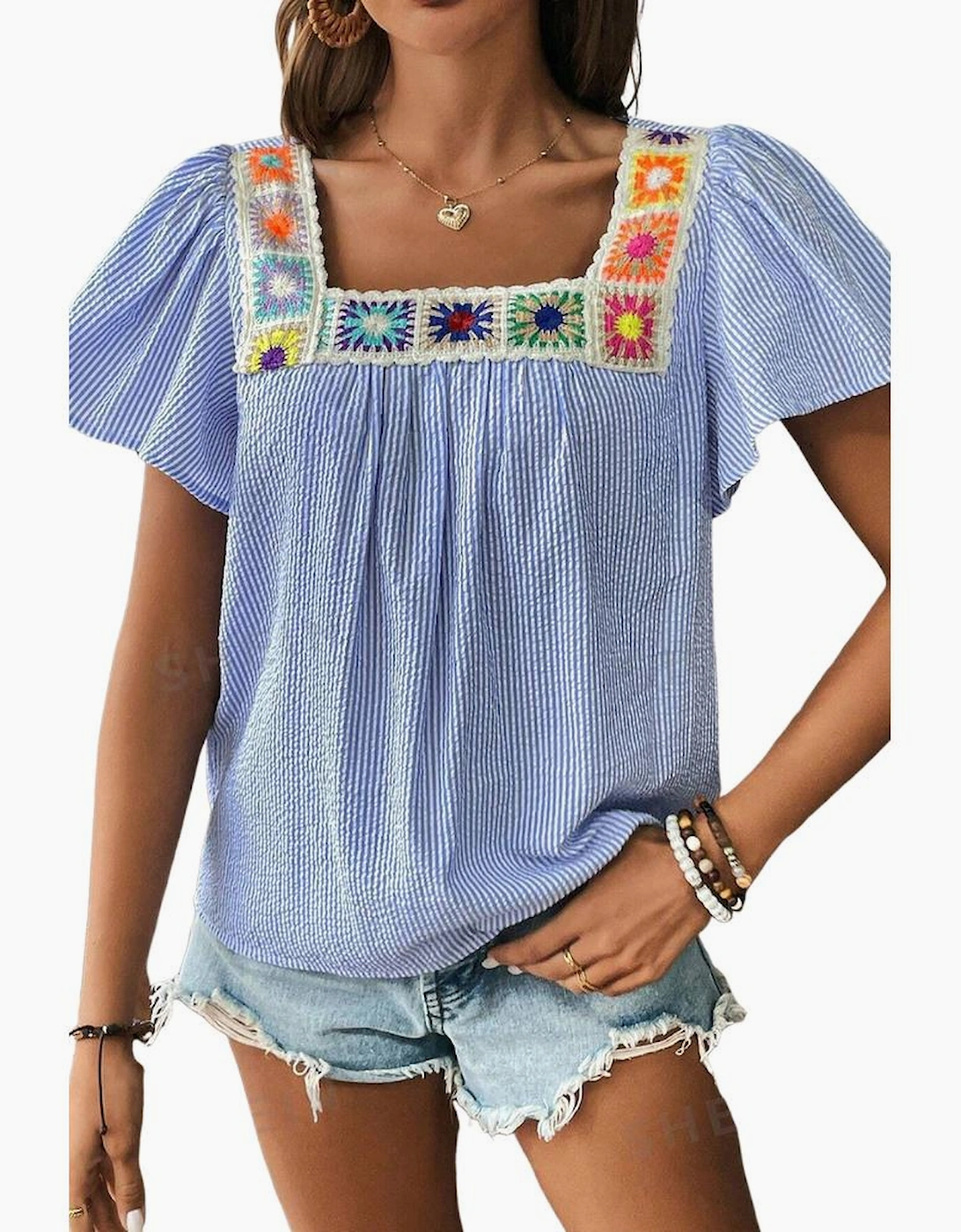 Sky Blue Stripe Textured Ruffle Short Sleeve Boho Detail Square Neck Blouse