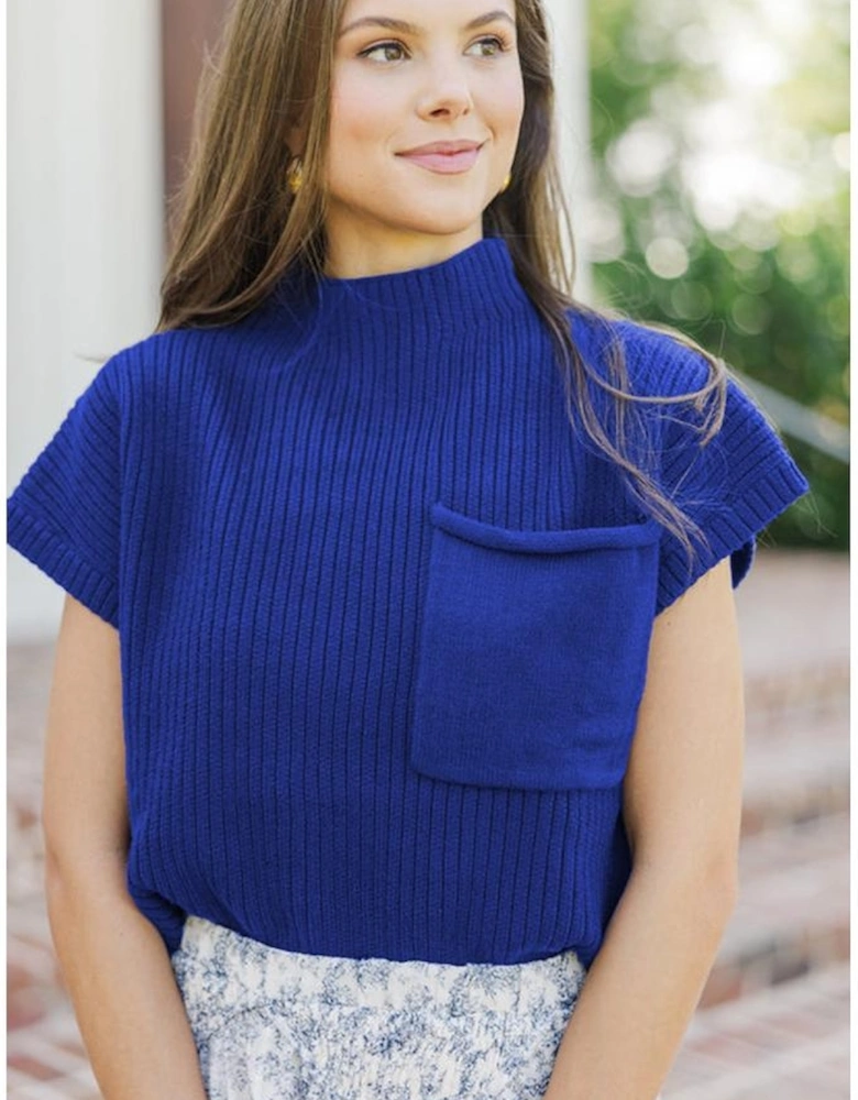 Dark Blue Patch Pocket Ribbed Knit Short Sleeve Sweater