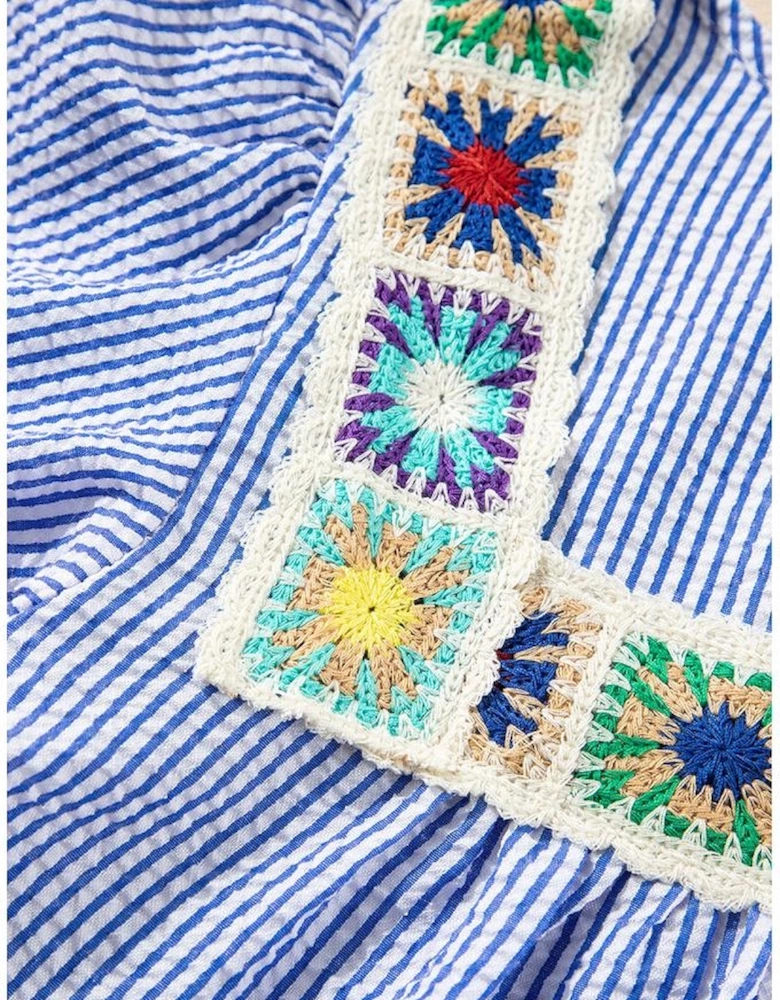 Sky Blue Stripe Textured Ruffle Short Sleeve Boho Detail Square Neck Blouse