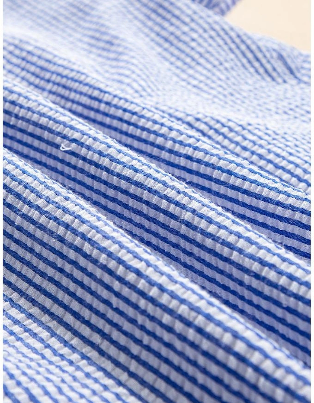 Sky Blue Stripe Textured Ruffle Short Sleeve Boho Detail Square Neck Blouse