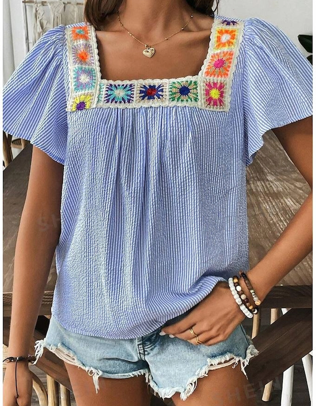 Sky Blue Stripe Textured Ruffle Short Sleeve Boho Detail Square Neck Blouse
