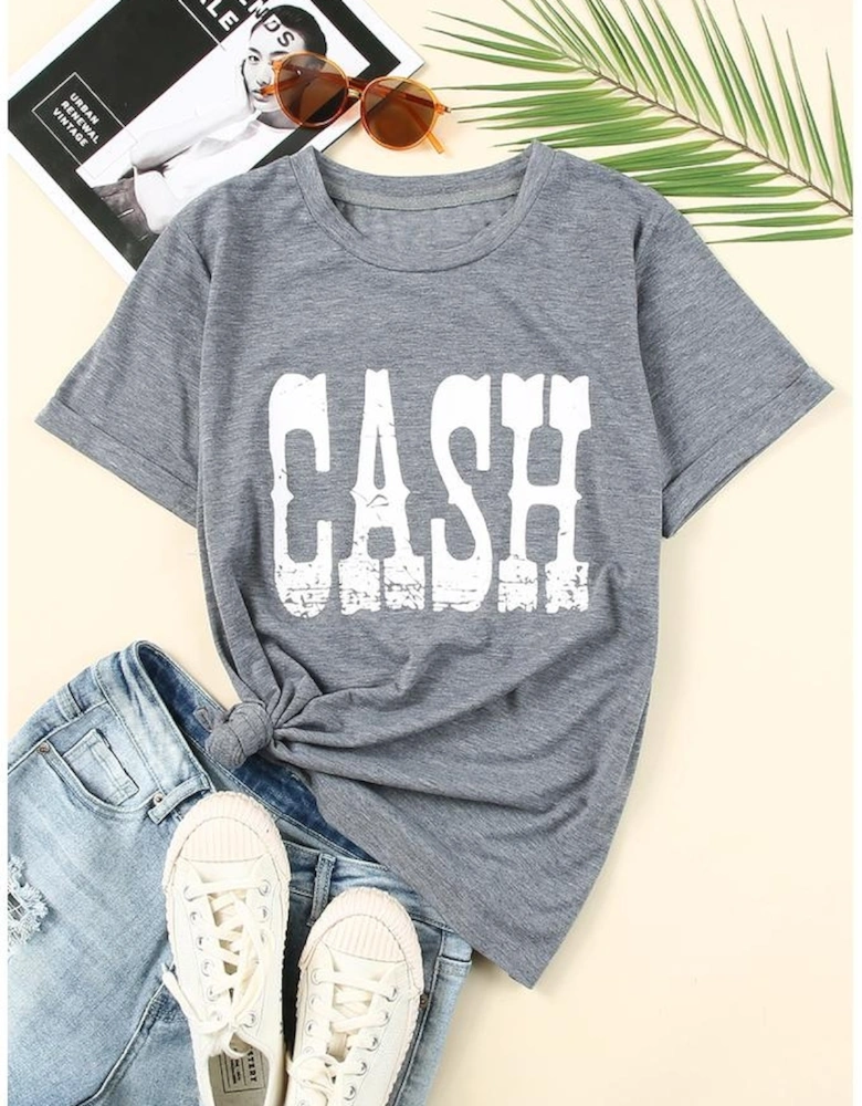 Gray CASH Letter Print T Shirt