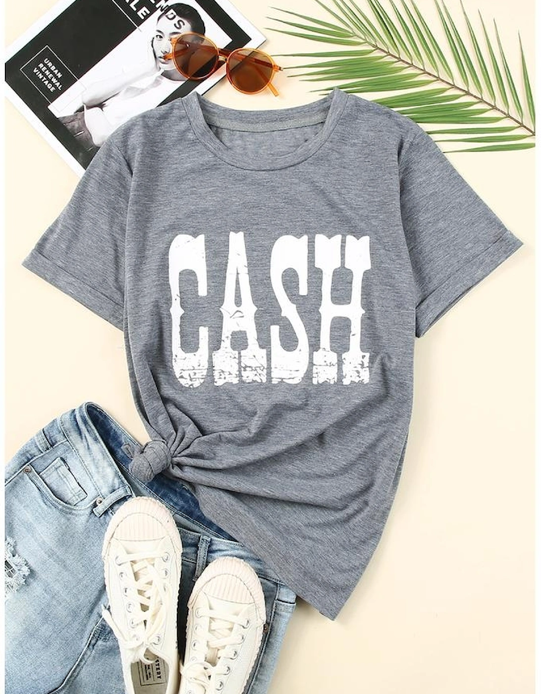 Gray CASH Letter Print T Shirt