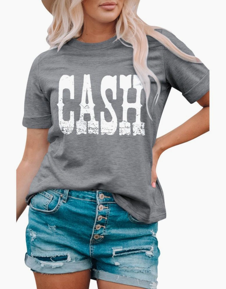 Gray CASH Letter Print T Shirt