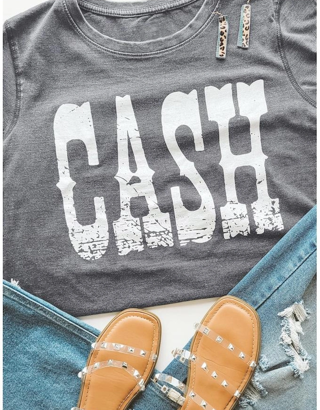 Gray CASH Letter Print T Shirt