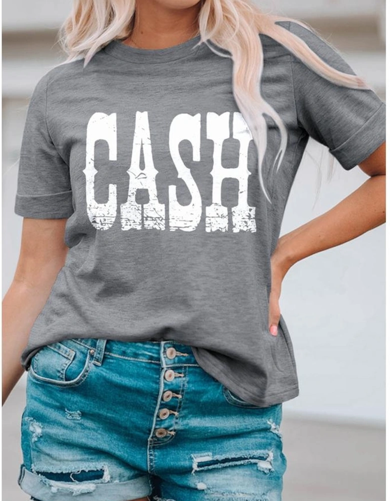 Gray CASH Letter Print T Shirt