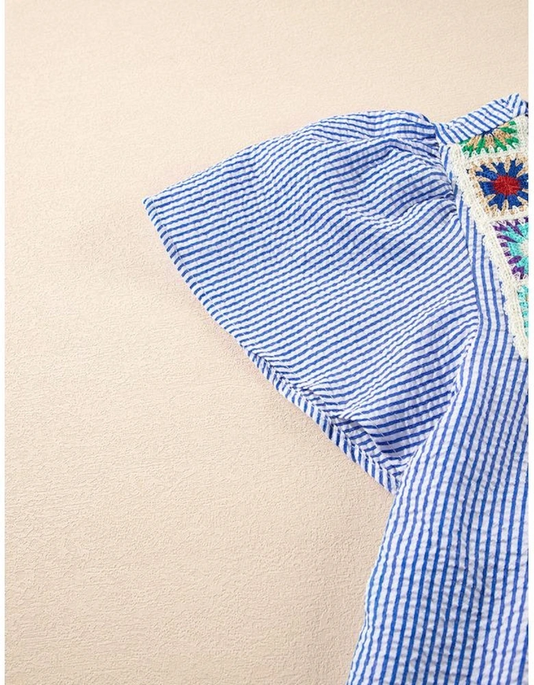 Sky Blue Stripe Textured Ruffle Short Sleeve Boho Detail Square Neck Blouse