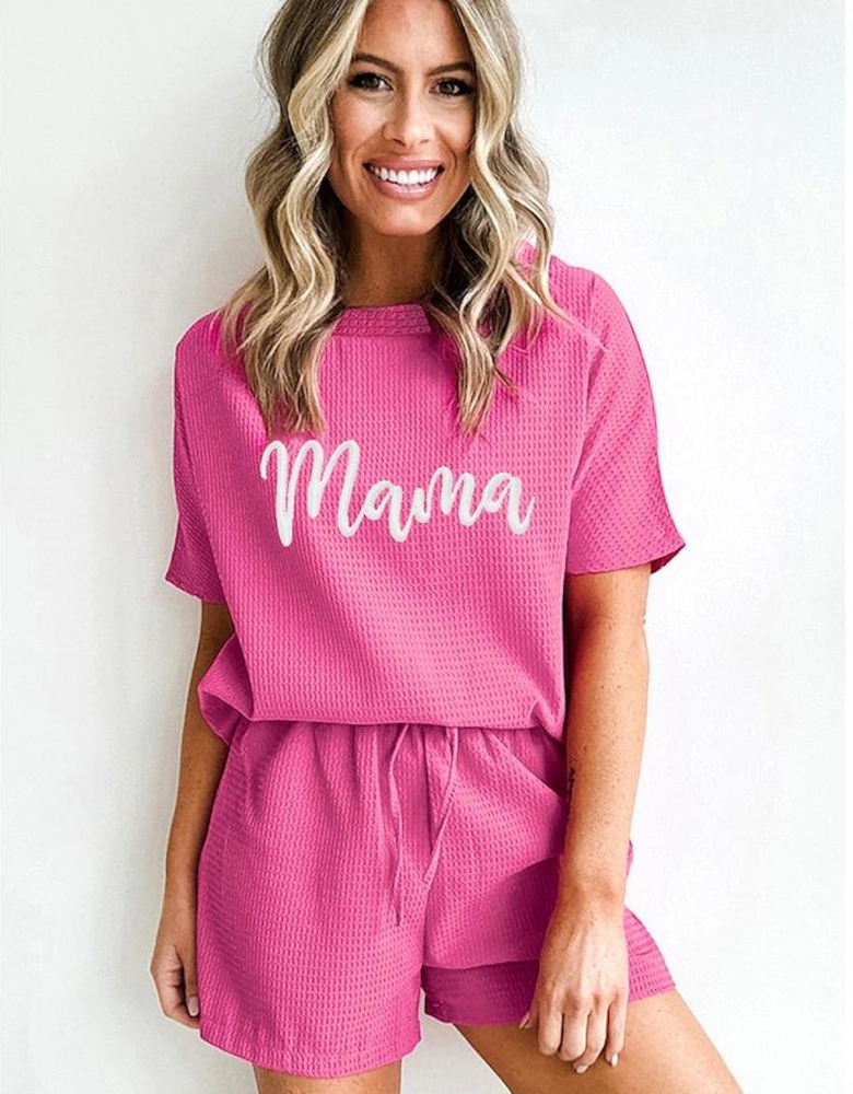 Rose Red Waffle mama Embroidered Tee and Drawstring Shorts