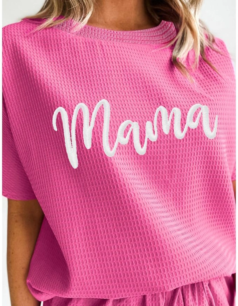 Rose Red Waffle mama Embroidered Tee and Drawstring Shorts