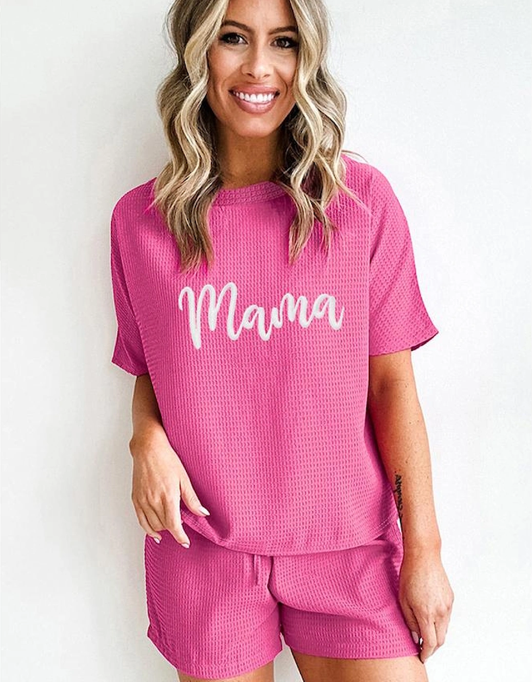 Rose Red Waffle mama Embroidered Tee and Drawstring Shorts