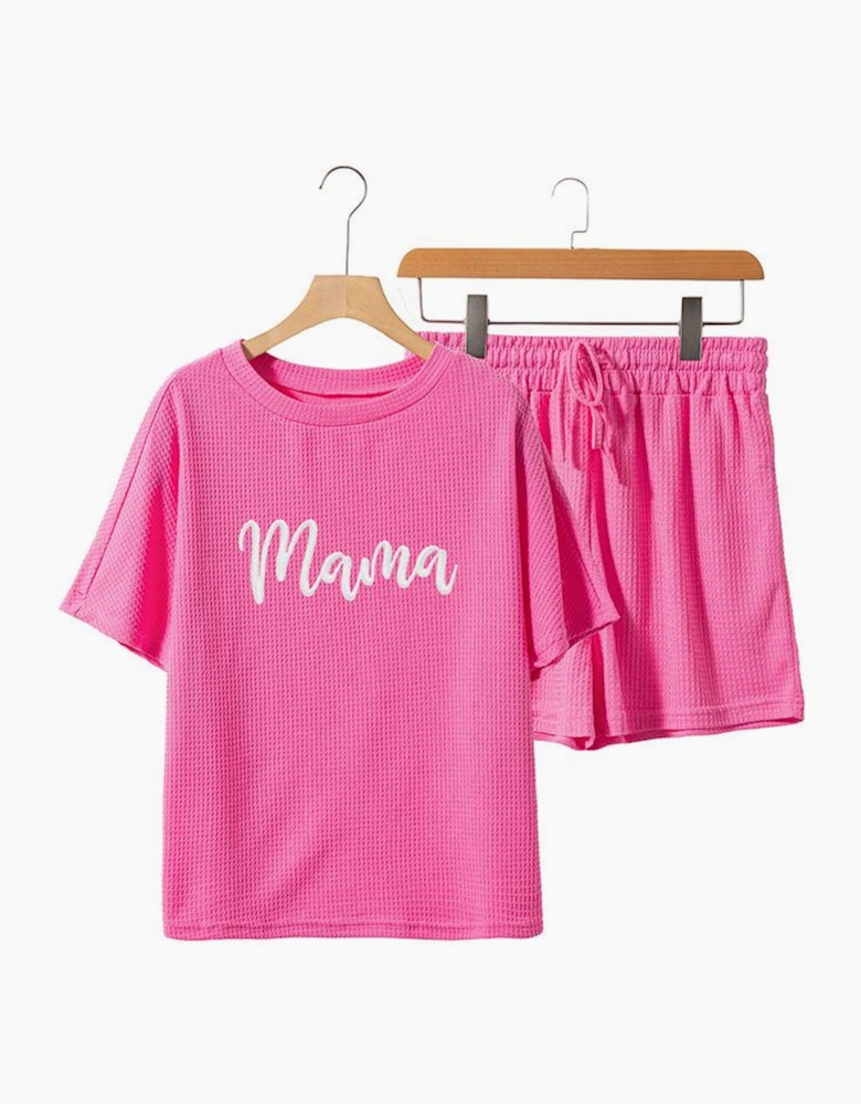 Rose Red Waffle mama Embroidered Tee and Drawstring Shorts