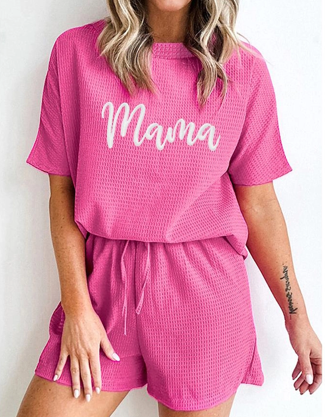Rose Red Waffle mama Embroidered Tee and Drawstring Shorts
