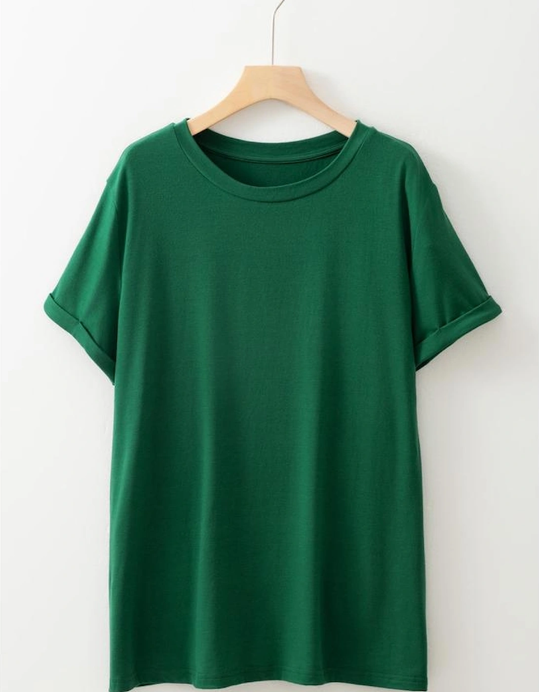 Dark Green Round Neck Rolled Sleeve Plus Size T-shirt