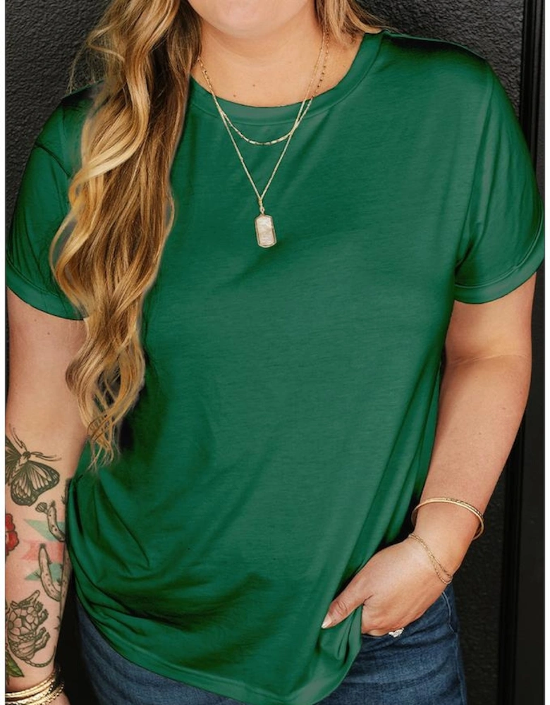 Dark Green Round Neck Rolled Sleeve Plus Size T-shirt