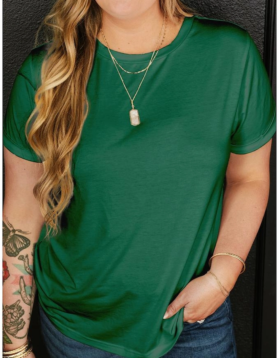 Dark Green Round Neck Rolled Sleeve Plus Size T-shirt, 15 of 14