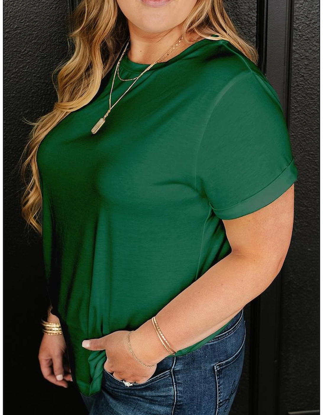 Dark Green Round Neck Rolled Sleeve Plus Size T-shirt