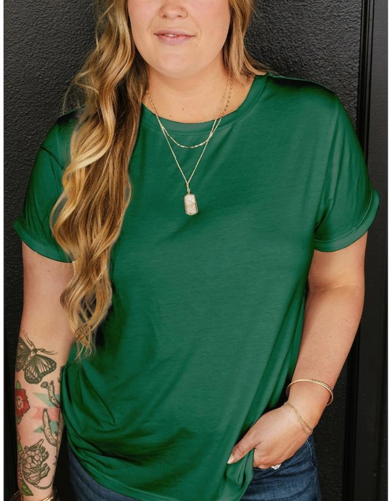 Dark Green Round Neck Rolled Sleeve Plus Size T-shirt