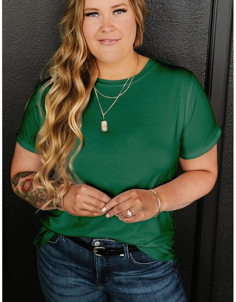 Dark Green Round Neck Rolled Sleeve Plus Size T-shirt
