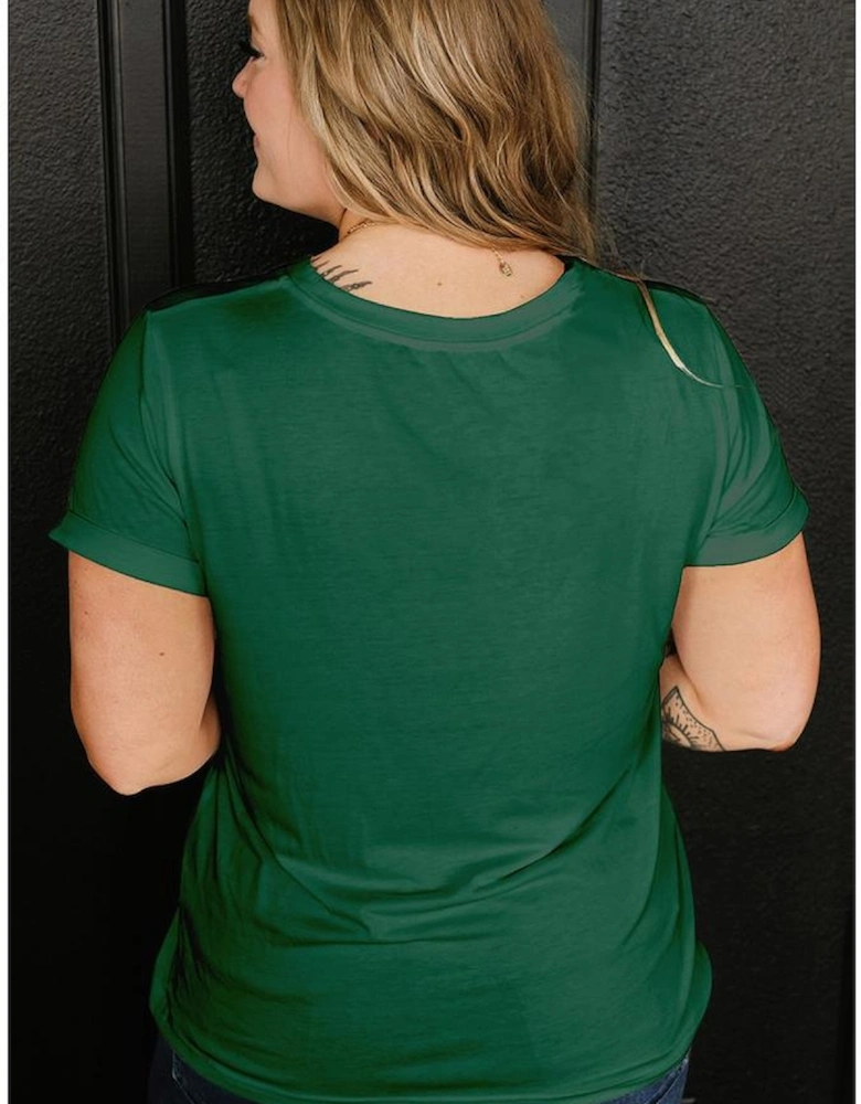 Dark Green Round Neck Rolled Sleeve Plus Size T-shirt