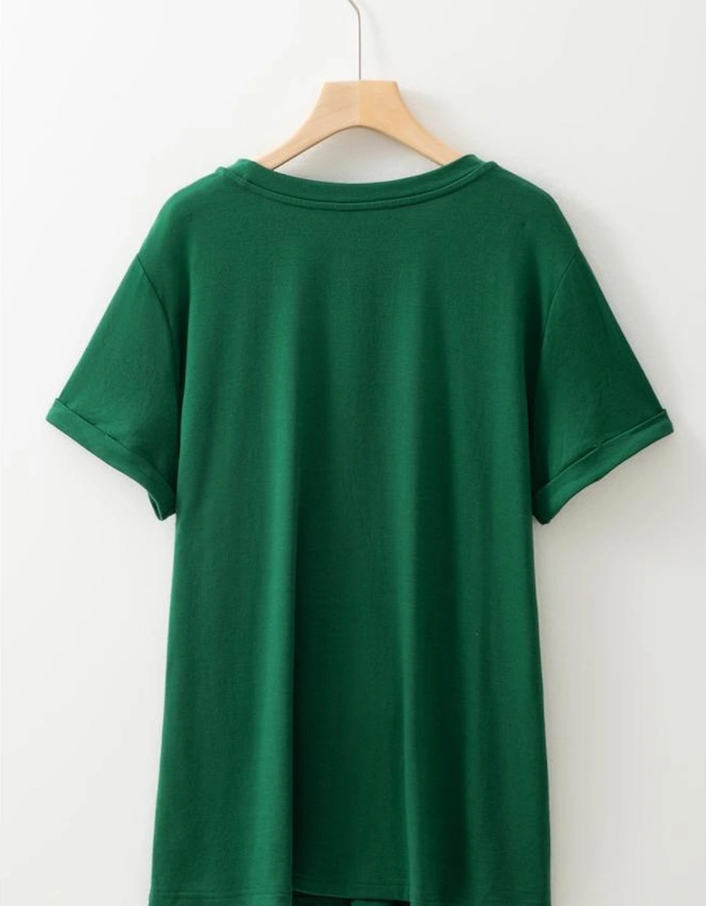 Dark Green Round Neck Rolled Sleeve Plus Size T-shirt