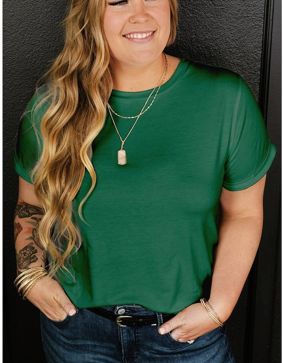 Dark Green Round Neck Rolled Sleeve Plus Size T-shirt
