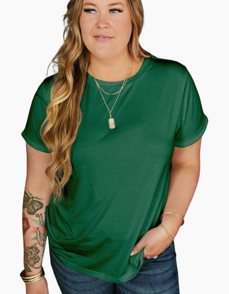 Dark Green Round Neck Rolled Sleeve Plus Size T-shirt