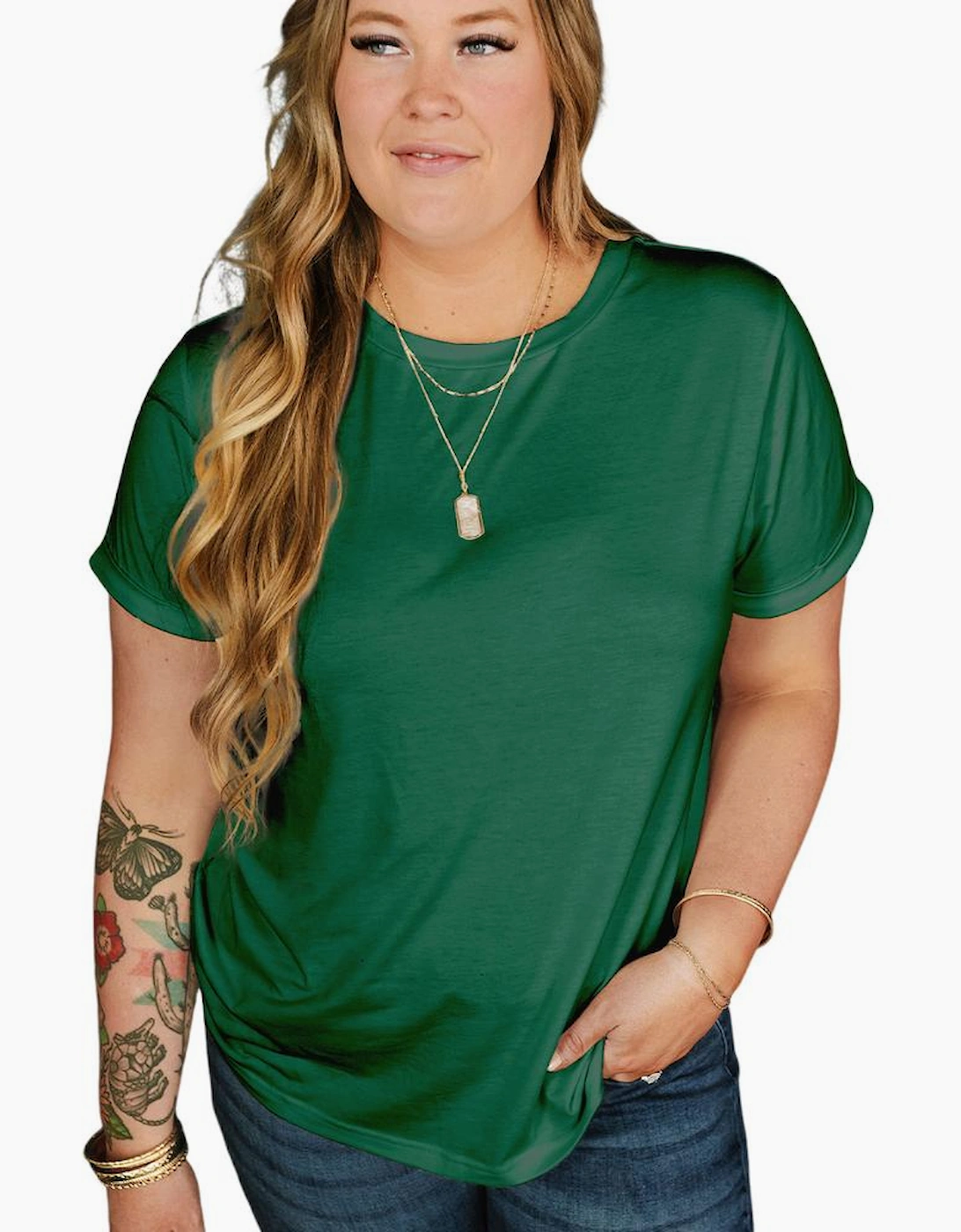 Dark Green Round Neck Rolled Sleeve Plus Size T-shirt