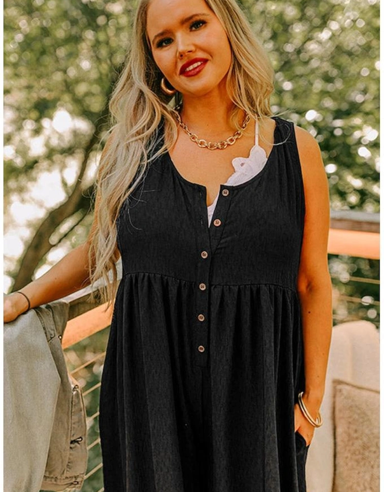Black Plus Size Sleeveless Button Front Loose Jumpsuit