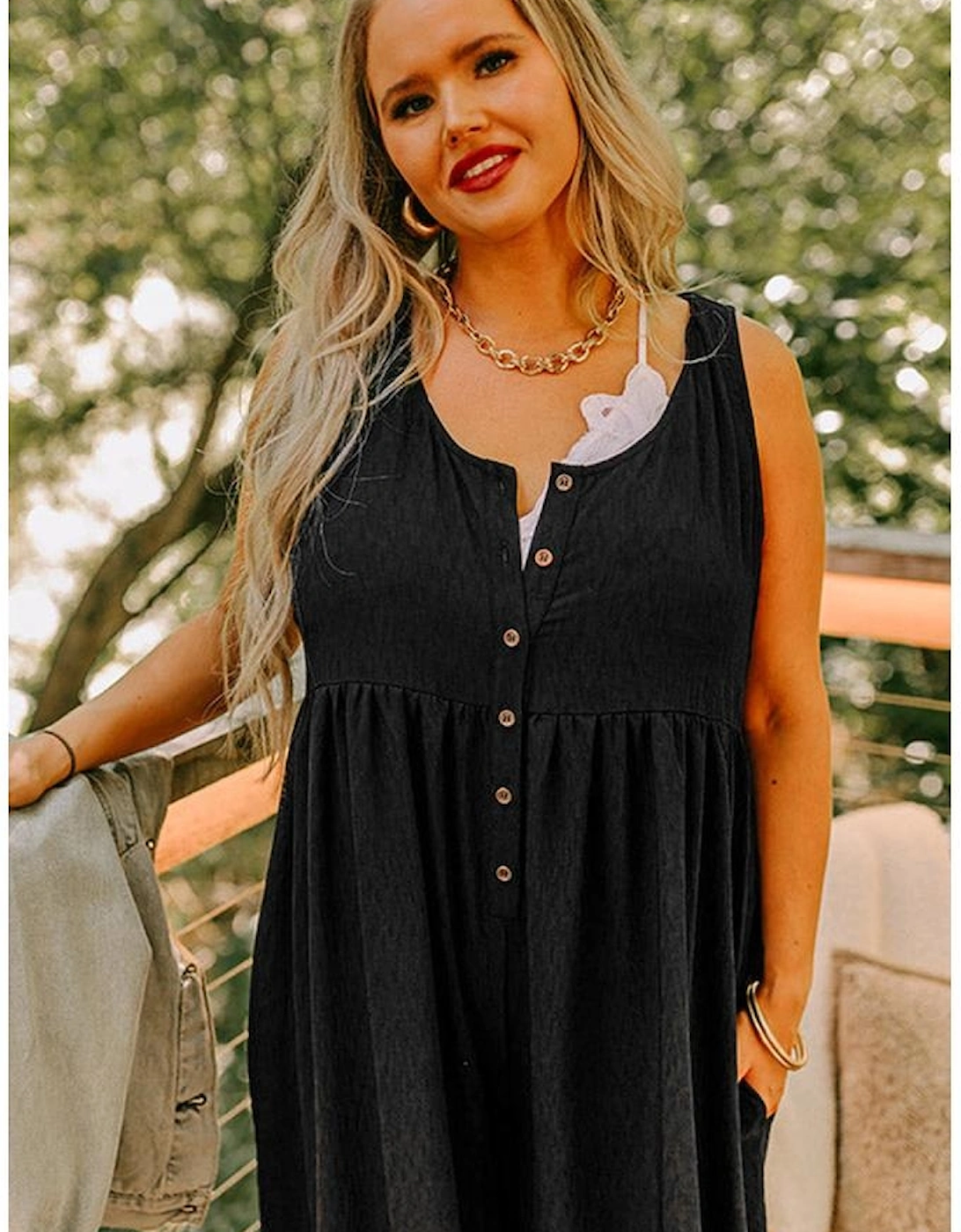 Black Plus Size Sleeveless Button Front Loose Jumpsuit