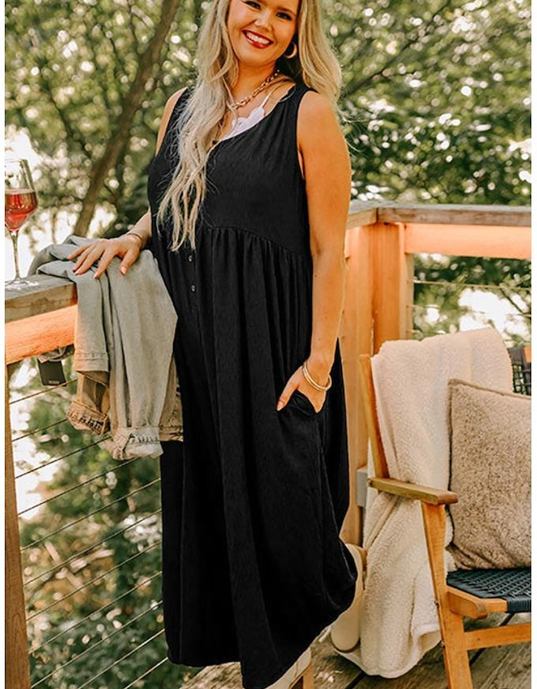 Black Plus Size Sleeveless Button Front Loose Jumpsuit