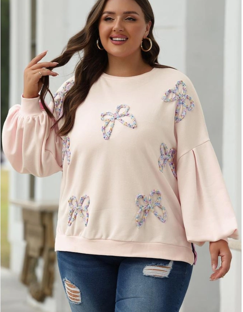Parchment Embroidered Bow Lantern Sleeve Oversized Pullover Sweatshirt