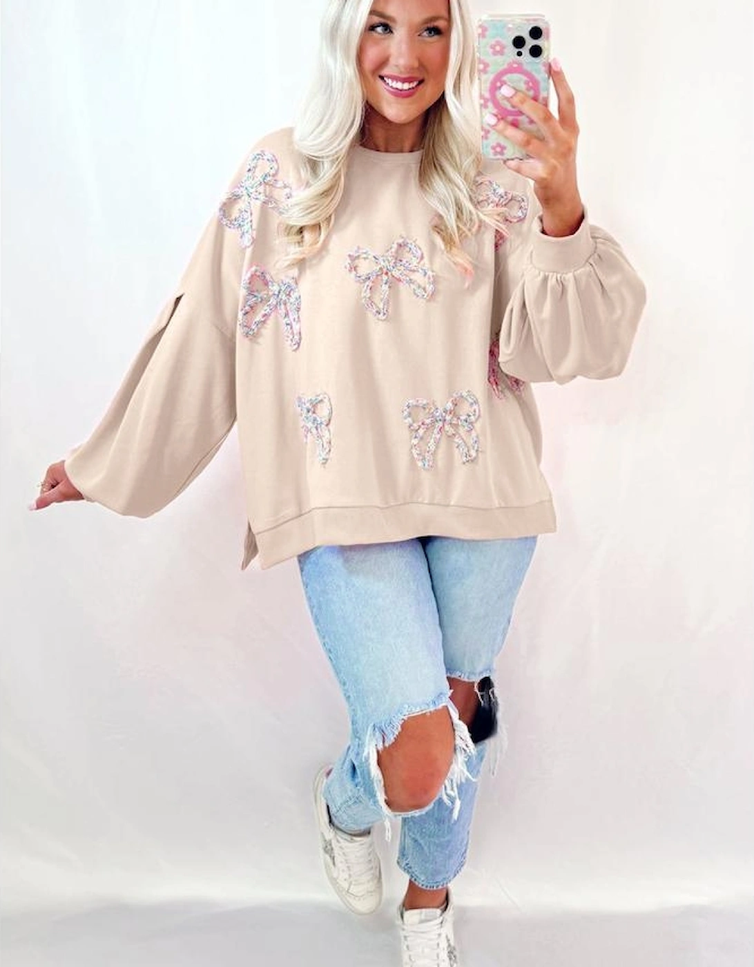 Parchment Embroidered Bow Lantern Sleeve Oversized Pullover Sweatshirt