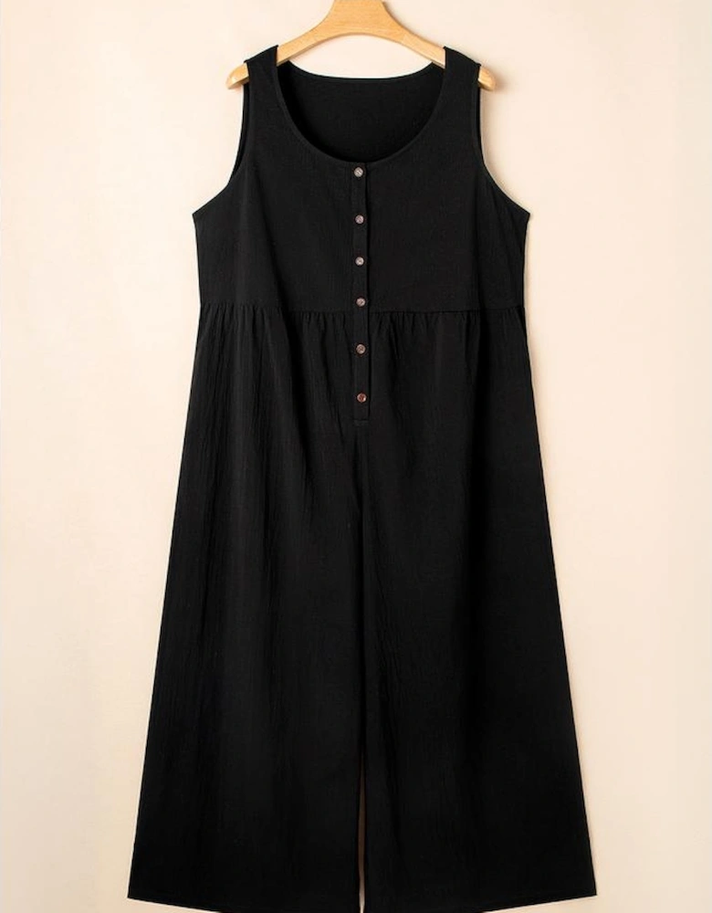 Black Plus Size Sleeveless Button Front Loose Jumpsuit