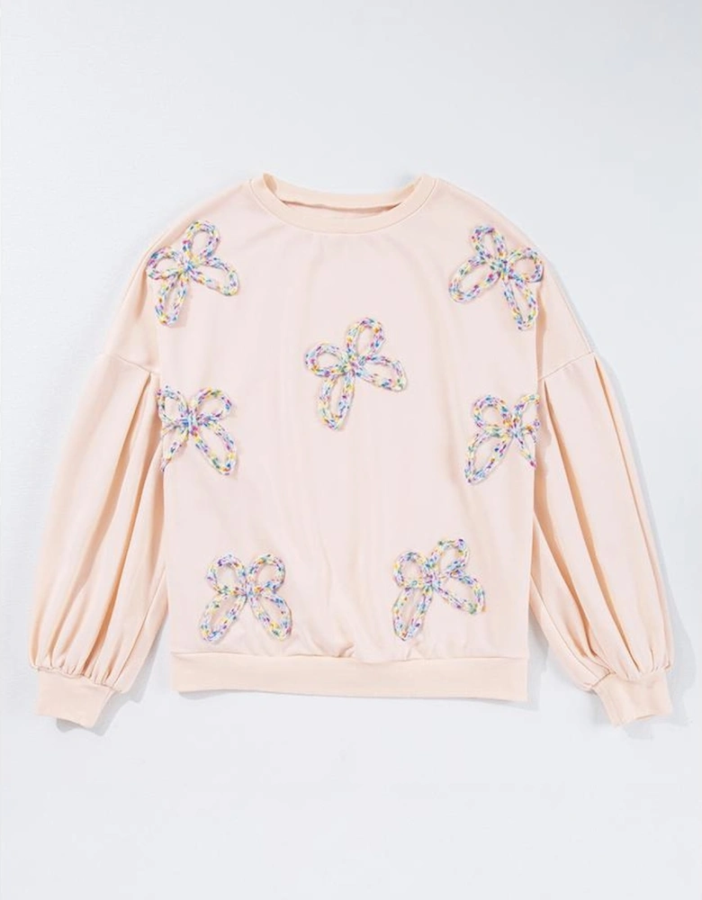 Parchment Embroidered Bow Lantern Sleeve Oversized Pullover Sweatshirt