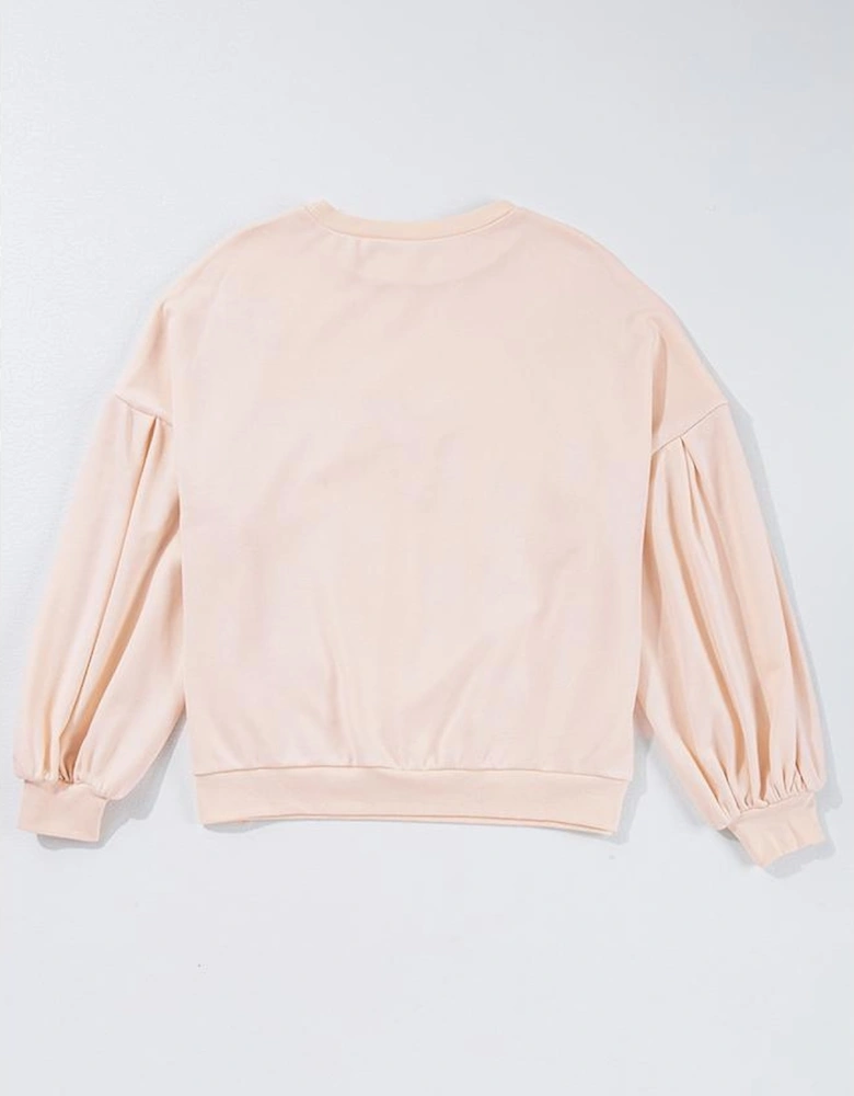 Parchment Embroidered Bow Lantern Sleeve Oversized Pullover Sweatshirt