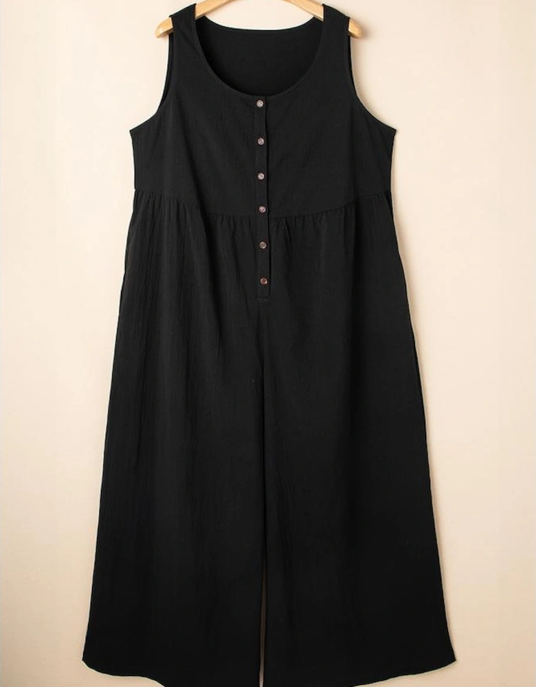 Black Plus Size Sleeveless Button Front Loose Jumpsuit