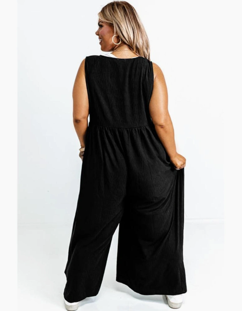 Black Plus Size Sleeveless Button Front Loose Jumpsuit