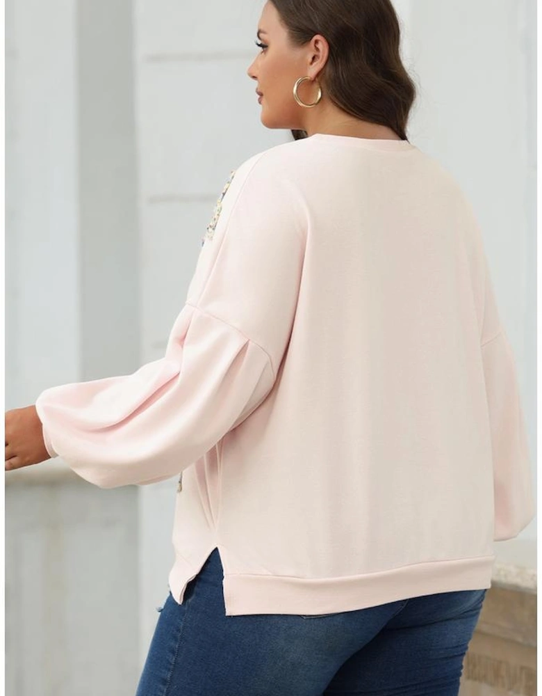 Parchment Embroidered Bow Lantern Sleeve Oversized Pullover Sweatshirt