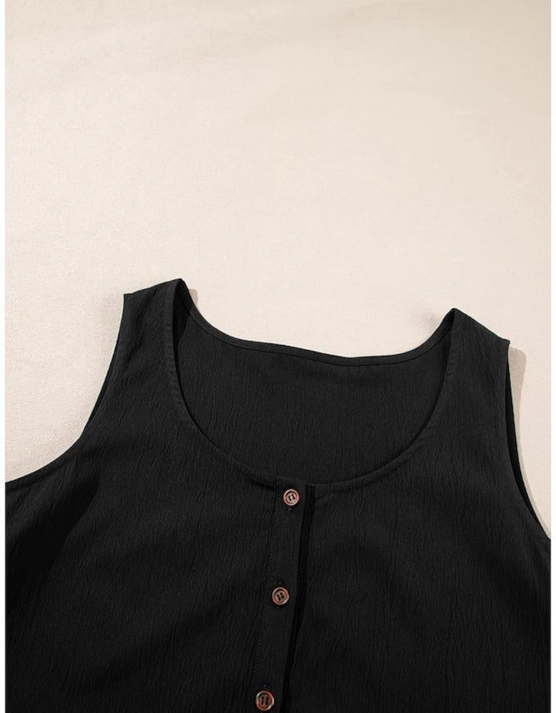 Black Plus Size Sleeveless Button Front Loose Jumpsuit