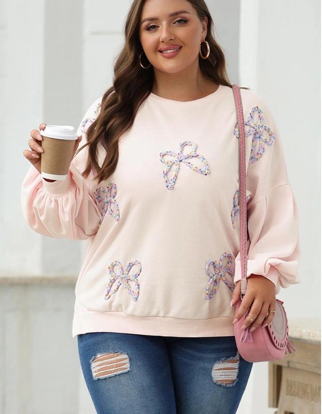 Parchment Embroidered Bow Lantern Sleeve Oversized Pullover Sweatshirt