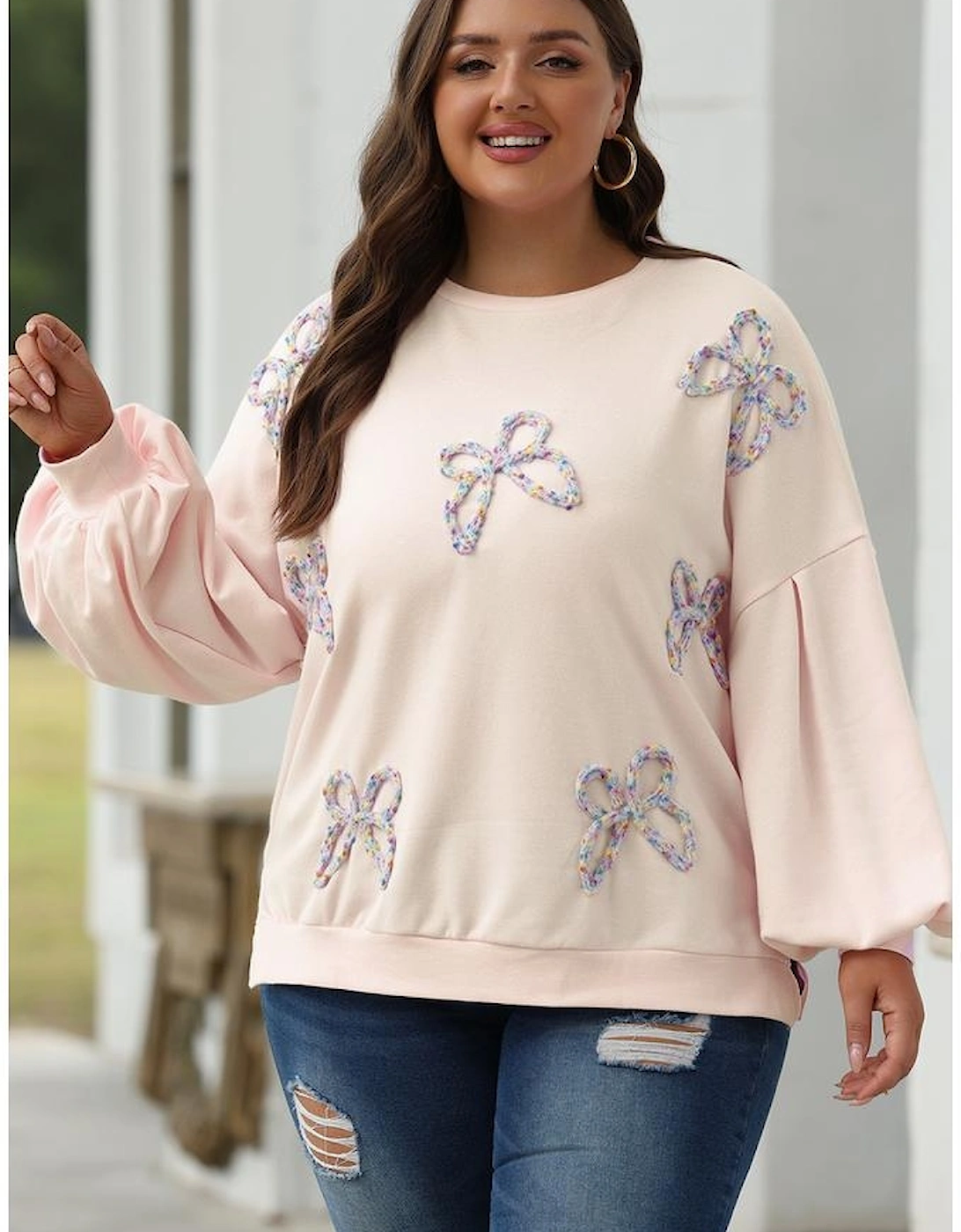 Parchment Embroidered Bow Lantern Sleeve Oversized Pullover Sweatshirt