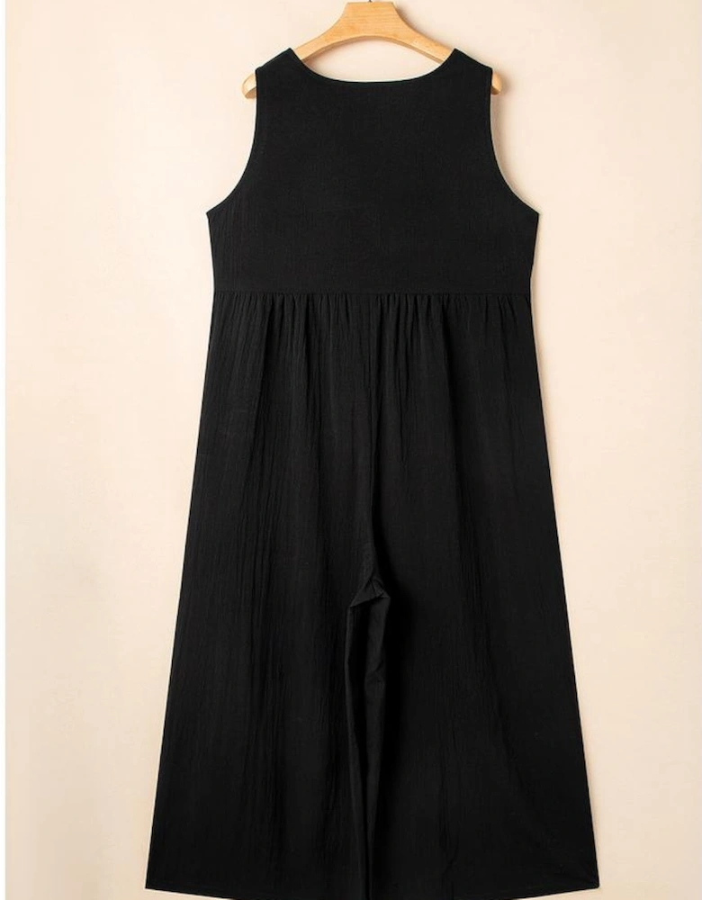 Black Plus Size Sleeveless Button Front Loose Jumpsuit