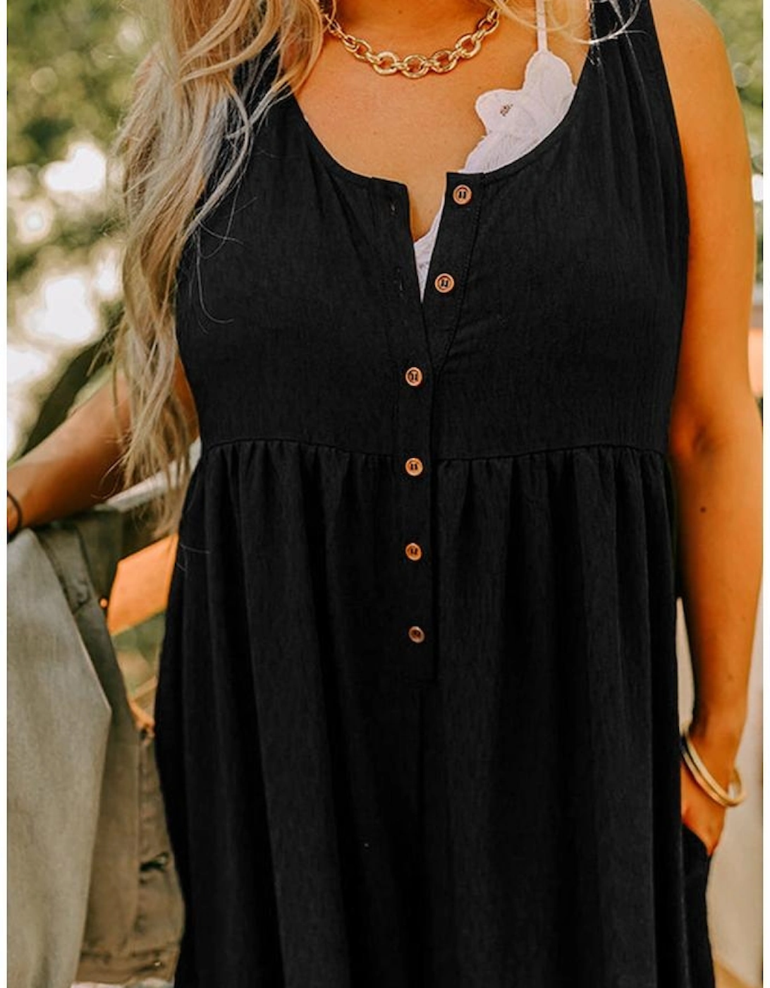 Black Plus Size Sleeveless Button Front Loose Jumpsuit