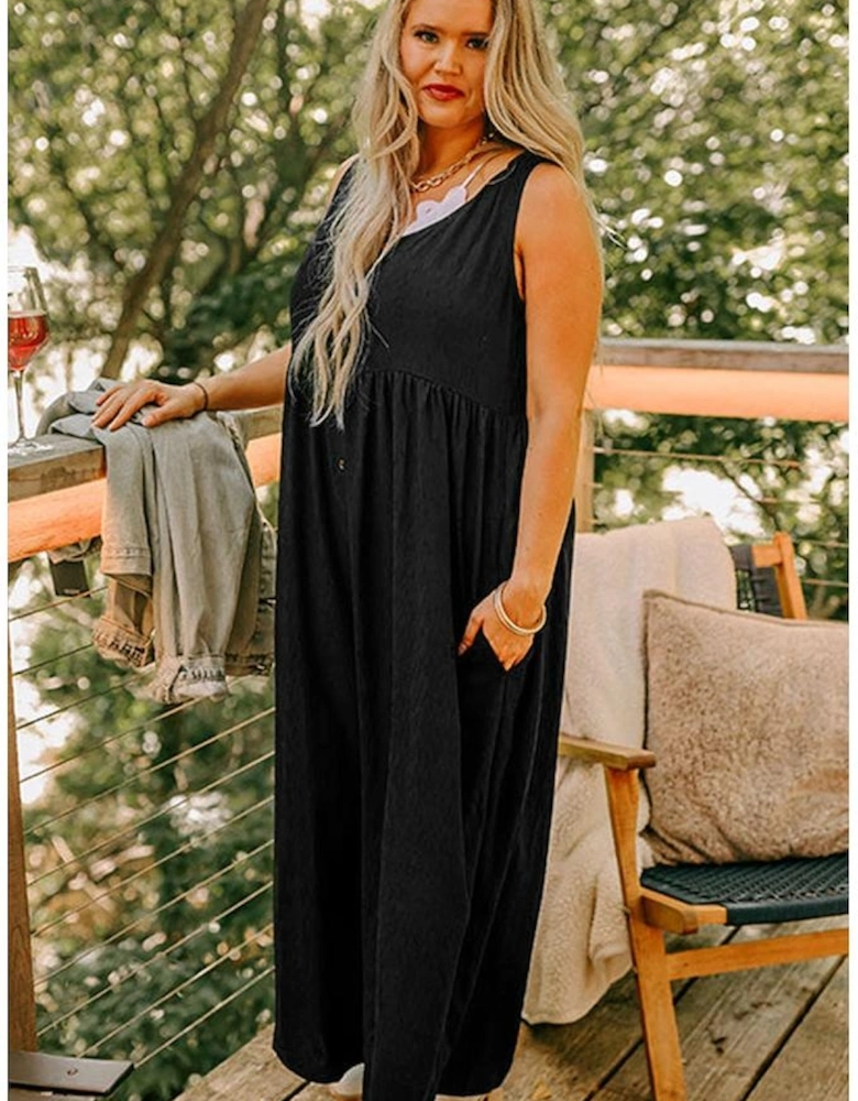 Black Plus Size Sleeveless Button Front Loose Jumpsuit