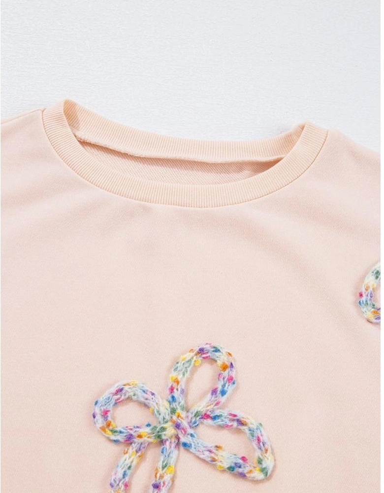 Parchment Embroidered Bow Lantern Sleeve Oversized Pullover Sweatshirt