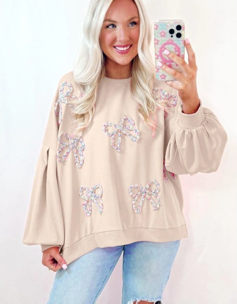 Parchment Embroidered Bow Lantern Sleeve Oversized Pullover Sweatshirt